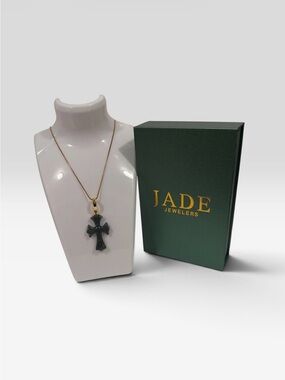 Green Jade Cross Pendant Necklace - Gold plated Chain